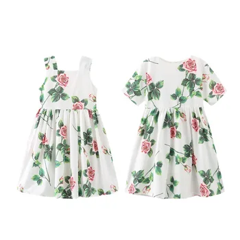 Марка дизайнерски нова детска пола, лятна пола на подтяжках с принтом малко рози за момичета, памучно рокля в чужд стил, детски дрехи