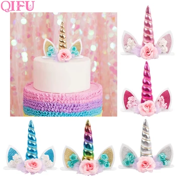 QIFU Рог на Еднорог Торта Topper честит Рожден Ден Торта Сватбена Торта цилиндър Украса за Доставка Еднорог Вечерни Украса Unicornio