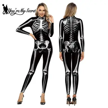 [Ти си Моята Тайна] Готически 3D Дяволът Призрак Черепа на Скелет Боди с Принтом Рози Празнична Облекло Хелоуин Cosplay Обичаи За Жени