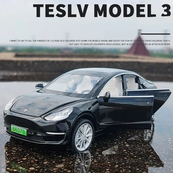 1:32 Tesla Модел 3 Модел на Колата от сплав, Лети под налягане, Метални Превозни Средства, Играчка модел автомобил, Имитация на Звук и Светлина, Колекция от Бебешки Играчки, Подарък