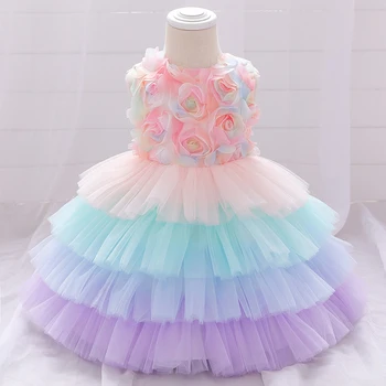2023 г., Сетчатое рокля за торта в тон за момичета, рокля на Принцеса за Кръщаване с розови Цветя, за малки момичета, Костюмиран 0-24 м