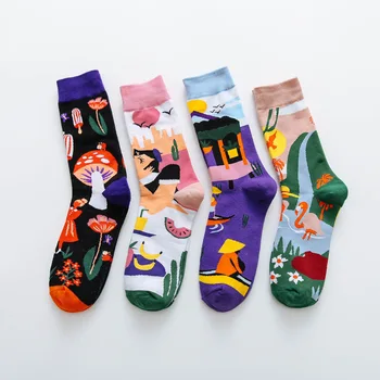 Западните Модни Чорапи с Цветни Принтом, Дамски Пролетни Чорапи с Гъби, Памучни Чорапи Calcetines Mujer Meias 010202 0