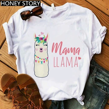 Тениска с изображение на мама Лама, Модна Тениска с Къс ръкав от Лама, Забавни Върхове с Принтом, Дамски Дрехи, Lllama, Бяла Коледа риза