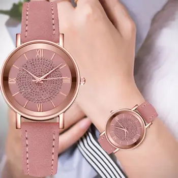 Стилни и висококачествени ежедневни дамски часовник с циферблат от розово злато, кожена каишка, английски часовници с диаманти, прости реколта часовници за студентки
