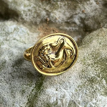 Висококачествено древните гръцки златен пръстен-печат с релефен модел на лъв Монетное Пръстен на Контролирани размер