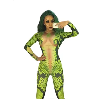 За Жени Хелоуин 3D Печатни Зелена Змия Костюм DJ DS Певци Гащеризон Bling За Жени Боди Празнуват Производителност Костюми