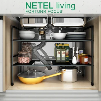 Кухня-часова NETEL под Мивката, Прибиращ се Рафт за Шкаф, Рафт-Органайзер с Подвижни Панели за Съхранение в Банята, Черен